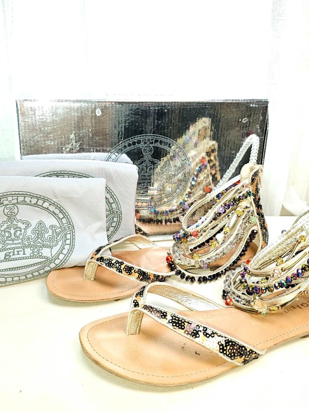 ZIGI Girl Femme Crystal Gladiator Sandals Size 10 Champagne Beaded Flat Sandals - Picture 5 of 14